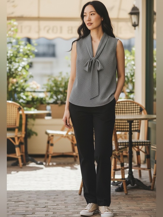 Ann Taylor Tops - Ann Taylor 100% Silk Sleeveless Lined V-Tie Neckline Cropped Black/Tan/Cream Top